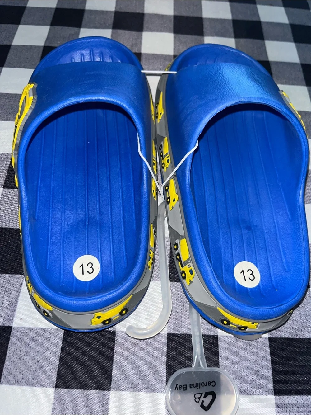 Kids Blue Slide Sandals with Yellow Car Accents - Size 1